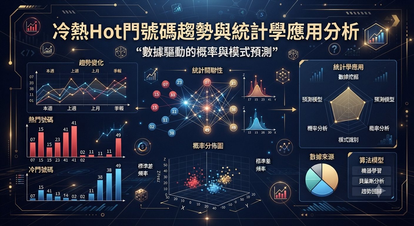 這是一張關於冷熱門號碼趨勢與統計學應用分析的資訊圖表,採用深色科技風格並結合了多種數據圖表與機率模型。 畫面中央上方醒目地展示了主題標題,周圍環繞著趨勢變化折線圖、長條圖及數據關聯網絡。